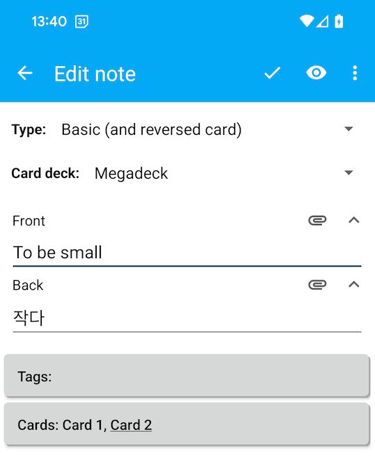 Example of a Korean card